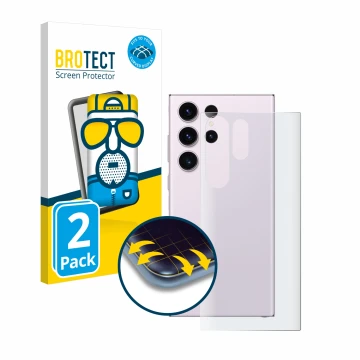 Vorderseite einer Produktverpackung mit dem Markenlogo BROTECT. Daneben ist das Gerät Samsung Galaxy S23 Ultra (Rückseite) mit