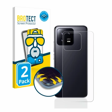Vorderseite einer Produktverpackung mit dem Markenlogo BROTECT. Daneben ist das Gerät Xiaomi 13 (Rückseite) mit dem zugehörige