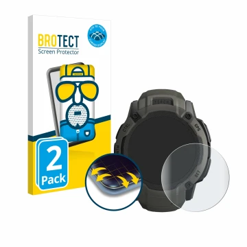 Vorderseite einer Produktverpackung mit dem Markenlogo BROTECT. Daneben ist das Gerät Garmin Instinct 2X Solar mit dem zugehör