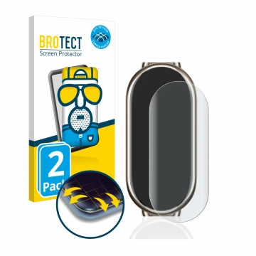 Vorderseite einer Produktverpackung mit dem Markenlogo BROTECT. Daneben ist das Gerät Xiaomi Mi Band 8 mit dem zugehörigen Dis