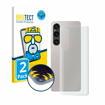 Vorderseite einer Produktverpackung mit dem Markenlogo BROTECT. Daneben ist das Gerät Sony Xperia 1 V (Rückseite) mit dem zuge