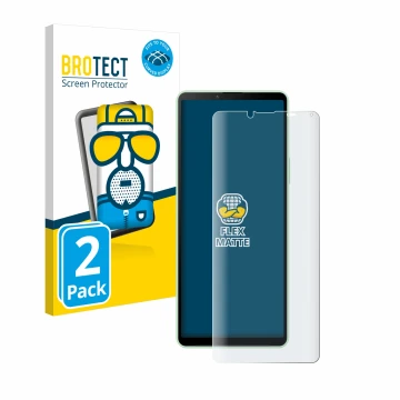 Vorderseite einer Produktverpackung mit dem Markenlogo BROTECT. Daneben ist das Gerät Sony Xperia 10 V mit dem zugehörigen Dis