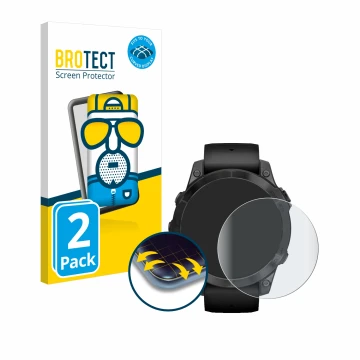 Vorderseite einer Produktverpackung mit dem Markenlogo BROTECT. Daneben ist das Gerät Garmin Epix Pro (Gen 2) (47 mm) mit dem 
