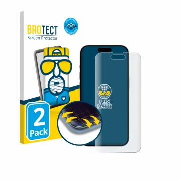 Vorderseite einer Produktverpackung mit dem Markenlogo BROTECT. Daneben ist das Gerät Apple iPhone 15 mit dem zugehörigen Disp