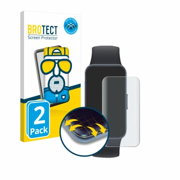 Vorderseite einer Produktverpackung mit dem Markenlogo BROTECT. Daneben ist das Gerät Huawei Band 8 mit dem zugehörigen Displa