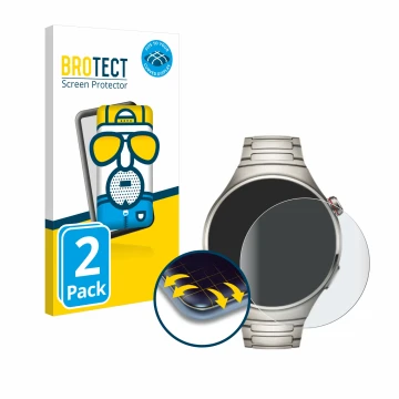 Vorderseite einer Produktverpackung mit dem Markenlogo BROTECT. Daneben ist das Gerät Huawei Watch 4 Pro mit dem zugehörigen D