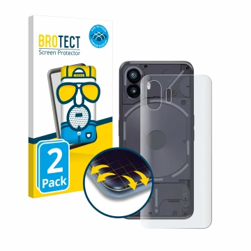 Vorderseite einer Produktverpackung mit dem Markenlogo BROTECT. Daneben ist das Gerät Nothing Phone (2) (Rückseite) mit dem zu