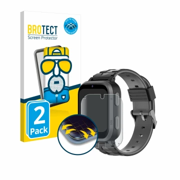 Vorderseite einer Produktverpackung mit dem Markenlogo BROTECT. Daneben ist das Gerät Beafon Kids Watch SW2 mit dem zugehörige