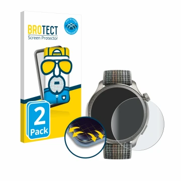 Vorderseite einer Produktverpackung mit dem Markenlogo BROTECT. Daneben ist das Gerät Huami Amazfit Balance mit dem zugehörige