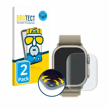 Vorderseite einer Produktverpackung mit dem Markenlogo BROTECT. Daneben ist das Gerät Apple Watch Ultra 2 (49 mm) mit dem zuge