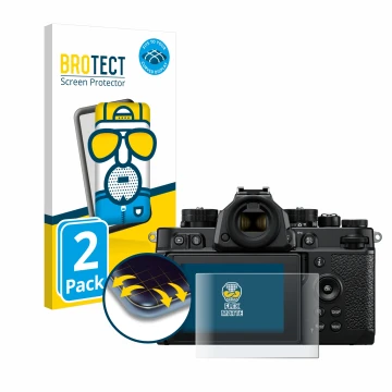 Vorderseite einer Produktverpackung mit dem Markenlogo BROTECT. Daneben ist das Gerät Nikon Z F mit dem zugehörigen Displaysch
