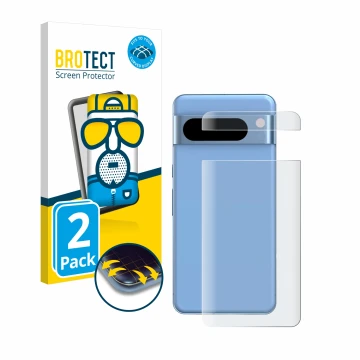 Vorderseite einer Produktverpackung mit dem Markenlogo BROTECT. Daneben ist das Gerät Google Pixel 8 Pro (Rückseite) mit dem z