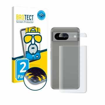 Vorderseite einer Produktverpackung mit dem Markenlogo BROTECT. Daneben ist das Gerät Google Pixel 8 (Rückseite) mit dem zugeh