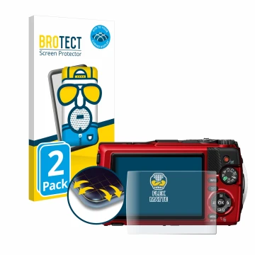 Vorderseite einer Produktverpackung mit dem Markenlogo BROTECT. Daneben ist das Gerät Olympus OM System Tough TG-7 mit dem zug