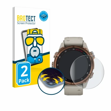 Vorderseite einer Produktverpackung mit dem Markenlogo BROTECT. Daneben ist das Gerät Garmin Descent Mk3 (43 mm) mit dem zugeh