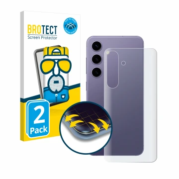 Vorderseite einer Produktverpackung mit dem Markenlogo BROTECT. Daneben ist das Gerät Samsung Galaxy S24 (Rückseite) mit dem z