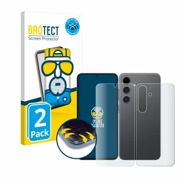 Vorderseite einer Produktverpackung mit dem Markenlogo BROTECT. Daneben ist das Gerät Samsung Galaxy S24 (Display+Rückseite) m