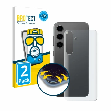 Vorderseite einer Produktverpackung mit dem Markenlogo BROTECT. Daneben ist das Gerät Samsung Galaxy S24 Plus (Rückseite) mit 