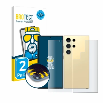 Vorderseite einer Produktverpackung mit dem Markenlogo BROTECT. Daneben ist das Gerät Samsung Galaxy S24 Ultra (case-friendly)