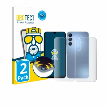 Vorderseite einer Produktverpackung mit dem Markenlogo BROTECT. Daneben ist das Gerät Samsung Galaxy A15 (Display+Rückseite) m