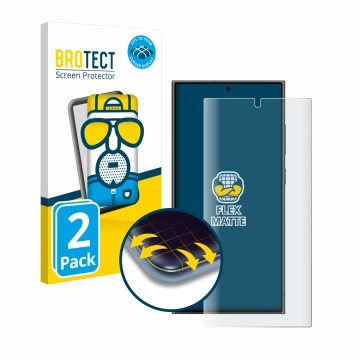 Vorderseite einer Produktverpackung mit dem Markenlogo BROTECT. Daneben ist das Gerät Samsung Galaxy S24 Ultra mit dem zugehör