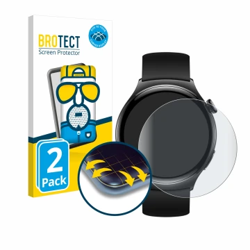 Vorderseite einer Produktverpackung mit dem Markenlogo BROTECT. Daneben ist das Gerät Huawei Watch 4 Active (46 mm) mit dem zu