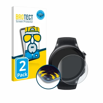 Vorderseite einer Produktverpackung mit dem Markenlogo BROTECT. Daneben ist das Gerät OnePlus Watch 2 mit dem zugehörigen Disp