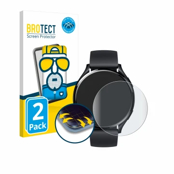 Vorderseite einer Produktverpackung mit dem Markenlogo BROTECT. Daneben ist das Gerät Xiaomi Watch 2 mit dem zugehörigen Displ