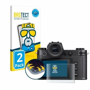 Vorderseite einer Produktverpackung mit dem Markenlogo BROTECT. Daneben ist das Gerät Leica SL3 mit dem zugehörigen Displaysch