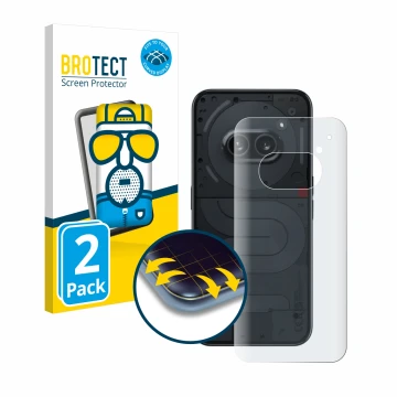 Vorderseite einer Produktverpackung mit dem Markenlogo BROTECT. Daneben ist das Gerät Nothing Phone (2a) (Rückseite) mit dem z