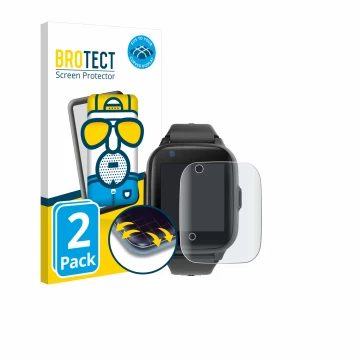 Vorderseite einer Produktverpackung mit dem Markenlogo BROTECT. Daneben ist das Gerät Leotec Kids Allo Plus 4G mit dem zugehör