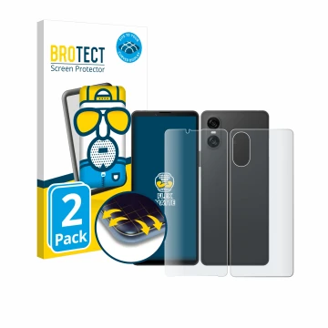 Vorderseite einer Produktverpackung mit dem Markenlogo BROTECT. Daneben ist das Gerät Sony Xperia 10 VI (Display+Rückseite) mi