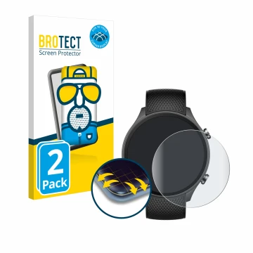 Vorderseite einer Produktverpackung mit dem Markenlogo BROTECT. Daneben ist das Gerät OnePlus watch 2R mit dem zugehörigen Dis
