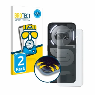 Vorderseite einer Produktverpackung mit dem Markenlogo BROTECT. Daneben ist das Gerät Nothing Phone (2a) Plus (Rückseite) mit 