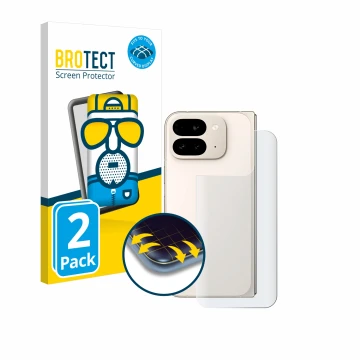 Vorderseite einer Produktverpackung mit dem Markenlogo BROTECT. Daneben ist das Gerät Google Pixel 9 Pro Fold (Rückseite) mit 