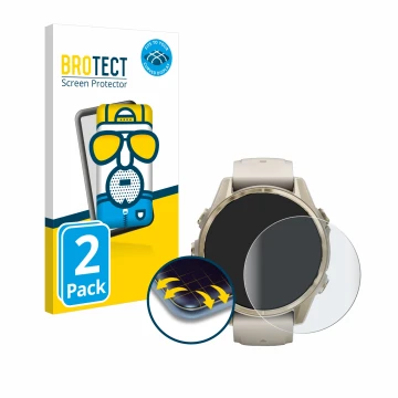 Vorderseite einer Produktverpackung mit dem Markenlogo BROTECT. Daneben ist das Gerät Garmin Fenix 8 (43 mm) mit dem zugehörig