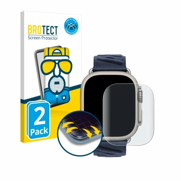 Vorderseite einer Produktverpackung mit dem Markenlogo BROTECT. Daneben ist das Gerät Apple Watch Hermès Ultra 2 mit dem zugeh