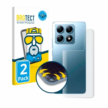 Vorderseite einer Produktverpackung mit dem Markenlogo BROTECT. Daneben ist das Gerät Xiaomi 14T Pro (Rückseite) mit dem zugeh