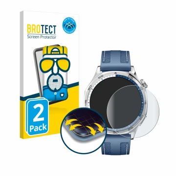 Vorderseite einer Produktverpackung mit dem Markenlogo BROTECT. Daneben ist das Gerät Huawei Watch GT 5 (46 mm) mit dem zugehö