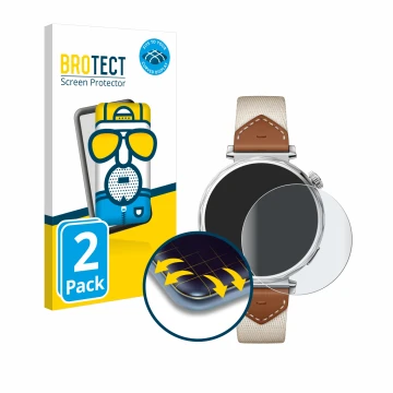 Vorderseite einer Produktverpackung mit dem Markenlogo BROTECT. Daneben ist das Gerät Huawei Watch GT 5 (41 mm) mit dem zugehö