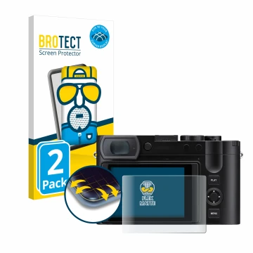 Vorderseite einer Produktverpackung mit dem Markenlogo BROTECT. Daneben ist das Gerät Leica Q3 43 mit dem zugehörigen Displays