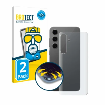 Vorderseite einer Produktverpackung mit dem Markenlogo BROTECT. Daneben ist das Gerät Samsung Galaxy S24 FE (Rückseite) mit de