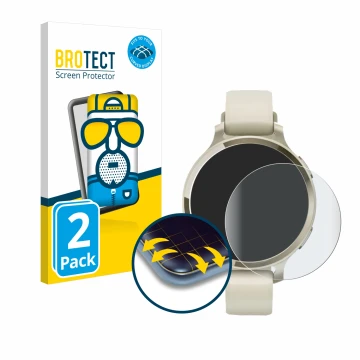 Vorderseite einer Produktverpackung mit dem Markenlogo BROTECT. Daneben ist das Gerät Garmin Lily 2 Active mit dem zugehörigen