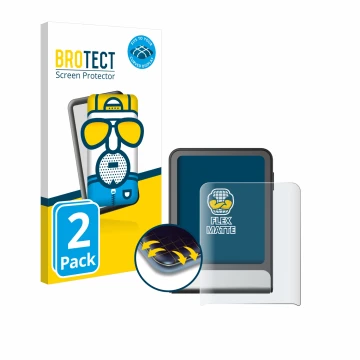 Vorderseite einer Produktverpackung mit dem Markenlogo BROTECT. Daneben ist das Gerät Ledger Flex mit dem zugehörigen Displays