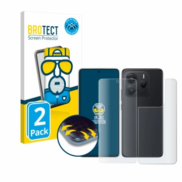 Vorderseite einer Produktverpackung mit dem Markenlogo BROTECT. Daneben ist das Gerät Xiaomi Redmi Note 14 (Display+Rückseite)