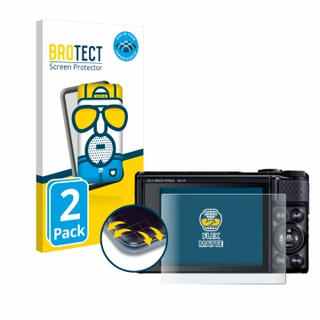 Vorderseite einer Produktverpackung mit dem Markenlogo BROTECT. Daneben ist das Gerät Canon PowerShot SX740 HS Lite mit dem zu