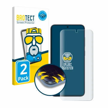 Vorderseite einer Produktverpackung mit dem Markenlogo BROTECT. Daneben ist das Gerät Samsung Galaxy S25 Plus mit dem zugehöri