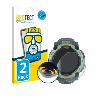 Vorderseite einer Produktverpackung mit dem Markenlogo BROTECT. Daneben ist das Gerät Garmin Instinct 3 AMOLED (50 mm) mit dem