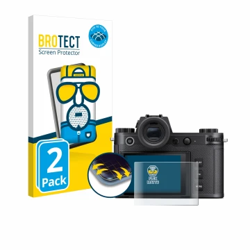 Vorderseite einer Produktverpackung mit dem Markenlogo BROTECT. Daneben ist das Gerät Leica SL3-S mit dem zugehörigen Displays