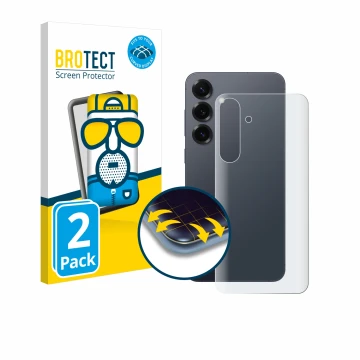 Vorderseite einer Produktverpackung mit dem Markenlogo BROTECT. Daneben ist das Gerät Samsung Galaxy S25 Plus (Rückseite) mit 